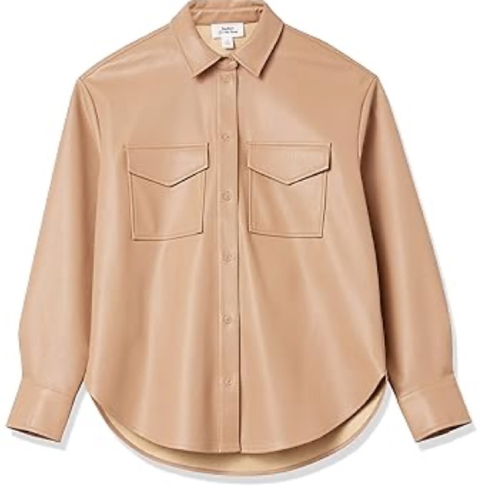 Lisa NYC The Drop - Tan Faux Leather Button-Up Shirt - S